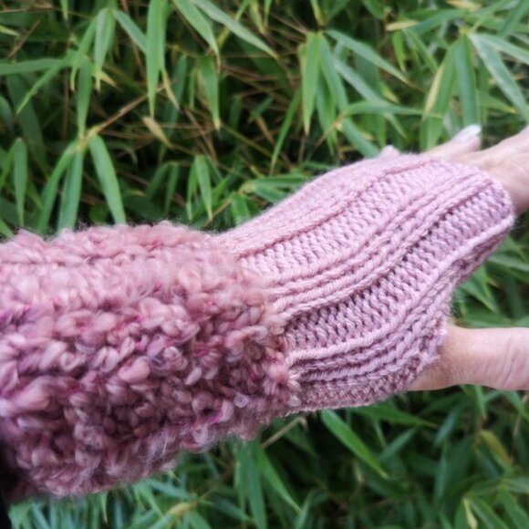 Marsala Rose Pink Handmade Knitted Loop Plush Fingerless Texting Gloves Gift - Picture 2 of 6